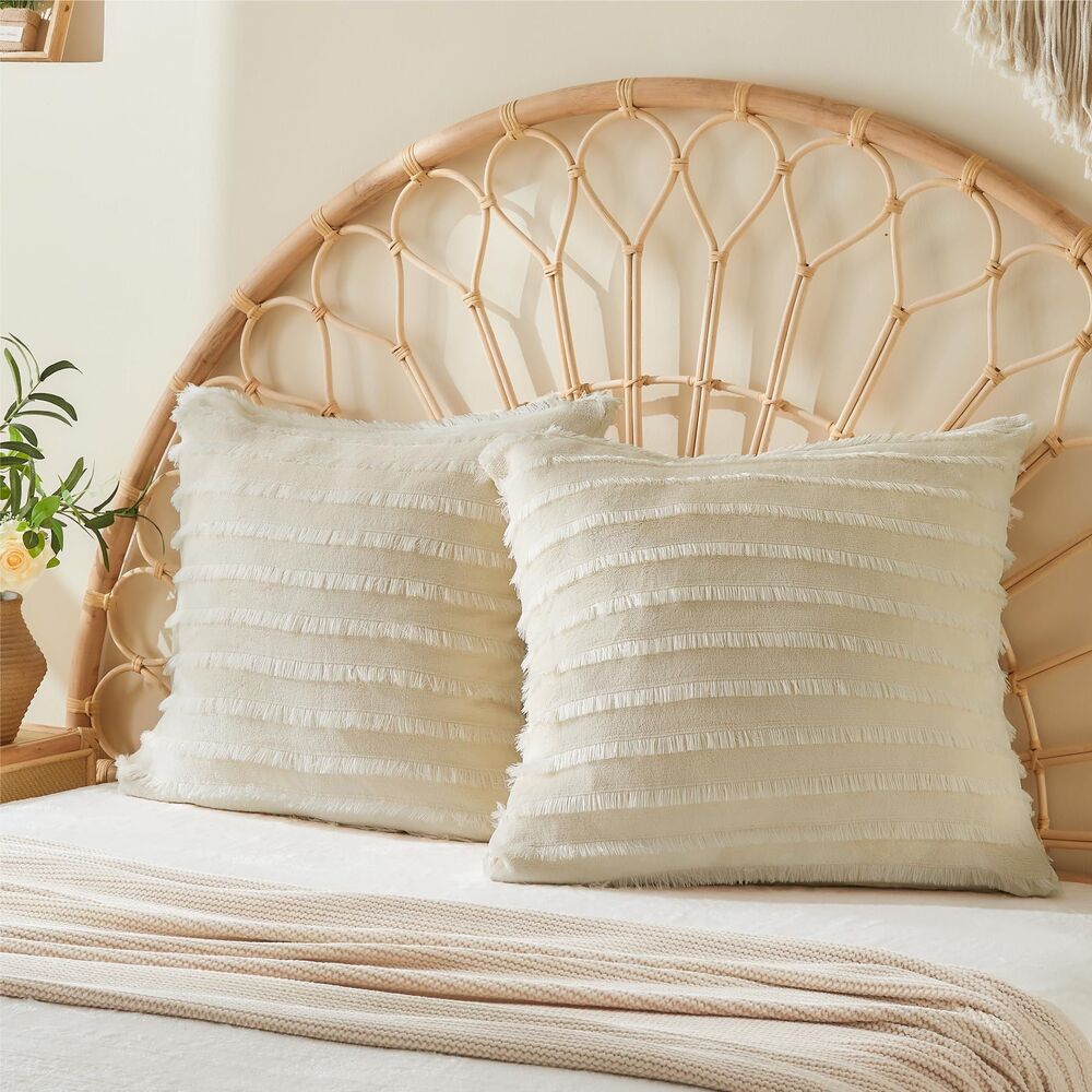 Set of 2, 26x26 Inches, Velvet Fringe Pillow Covers with Zipper (Beige)